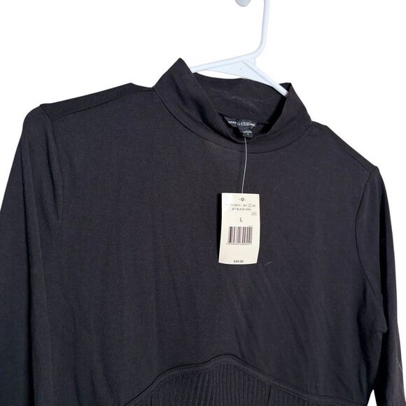 Guess T-Shirt Women's Large Black Cropped Short Sleeve Solid Mixed Media NWT - Picture 2 of 9